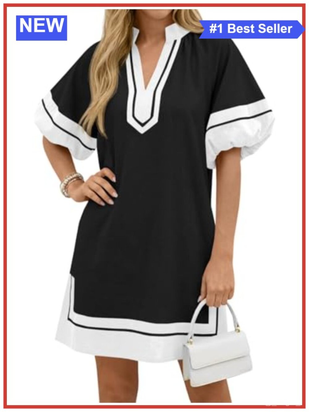 Women's Puff Sleeve Mini Dress V-Neck A-Line Side Slit Pockets Summer Casual